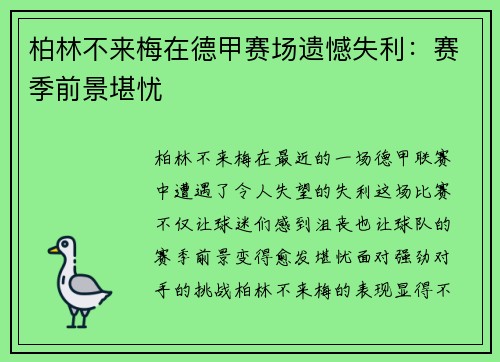柏林不来梅在德甲赛场遗憾失利：赛季前景堪忧